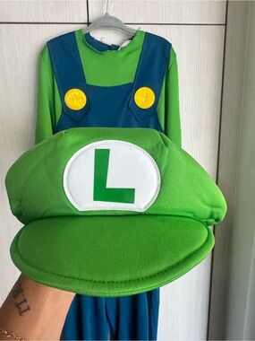 Kids Luigi Costume Green and Blue Costume Set with Hat Boys 7-8